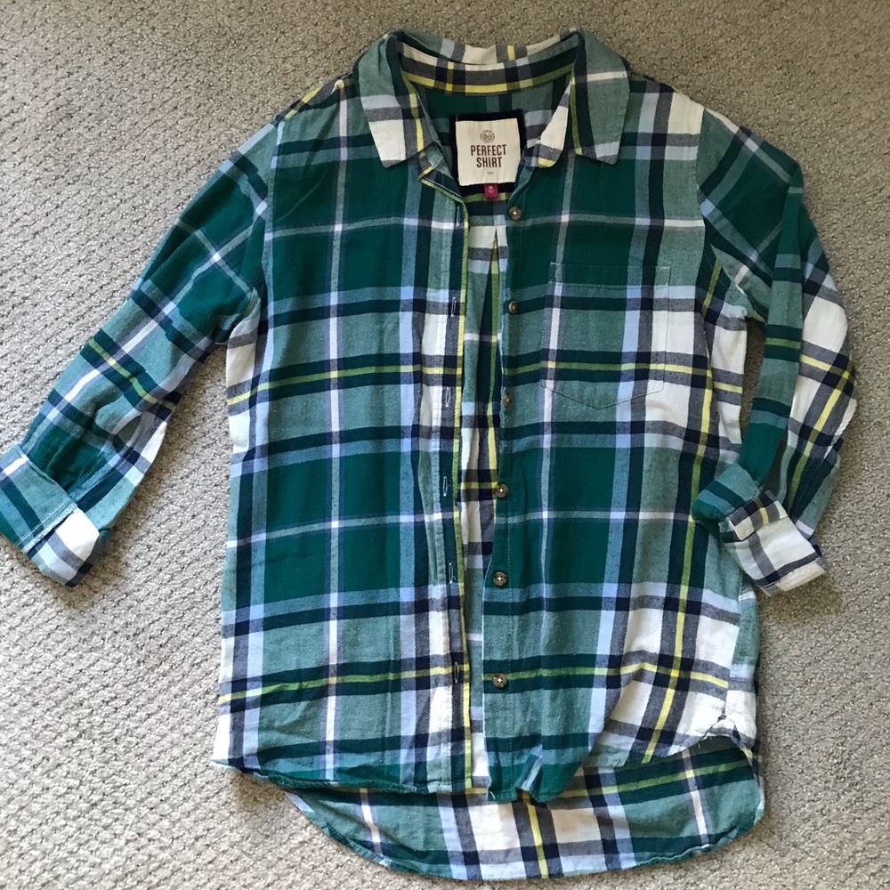 5/$15 SO Green and Blue Perfect Shirt Plaid Button Down
